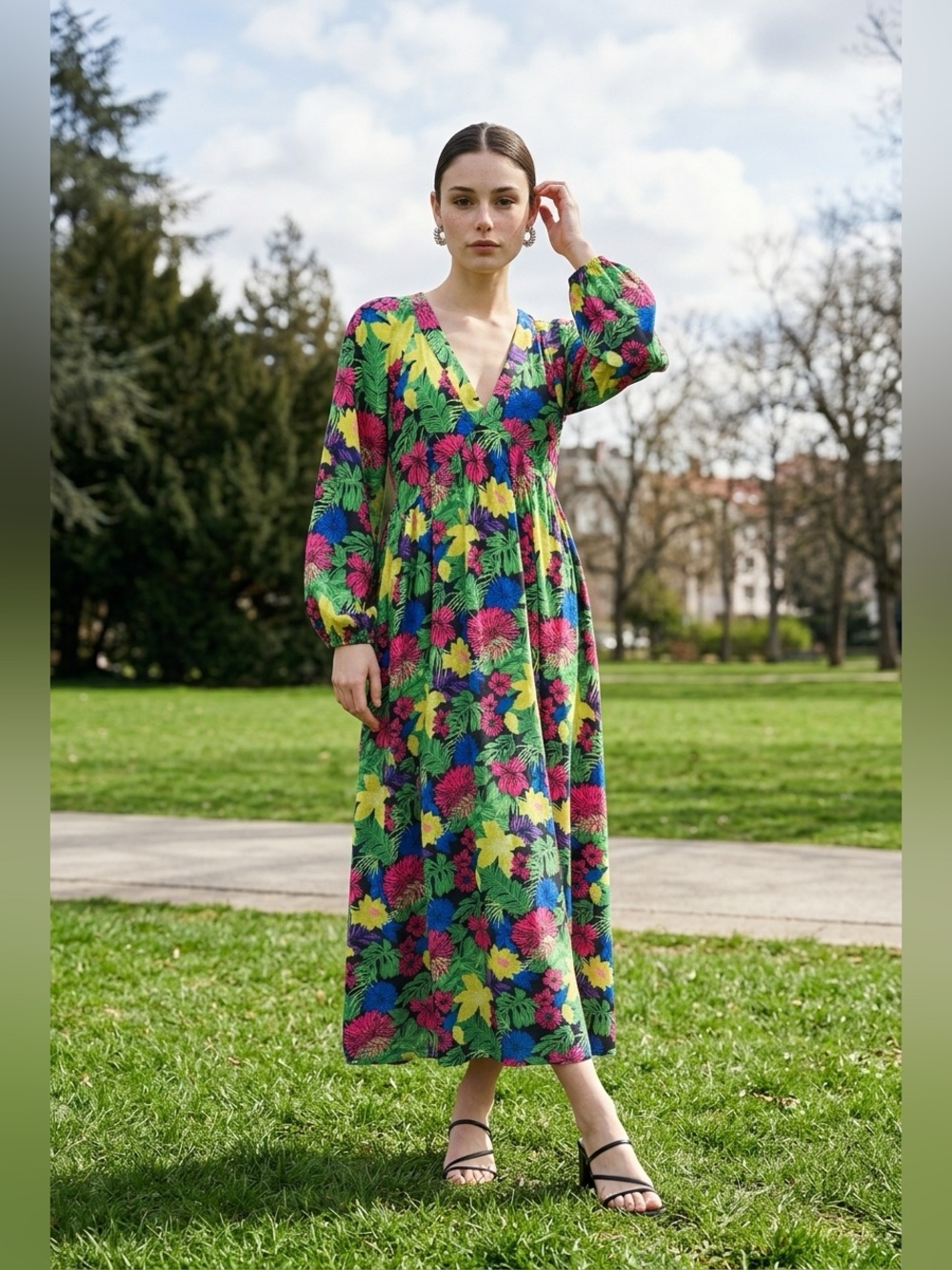 #182 Skies Are Blue Tropical Floral Long Sleeve Maxi Dress - Green Multi